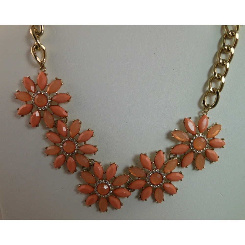 Vintage Peach Floral Bib Necklace Gold Tone Daisy Statement Rhinestone‎ 18-20 In